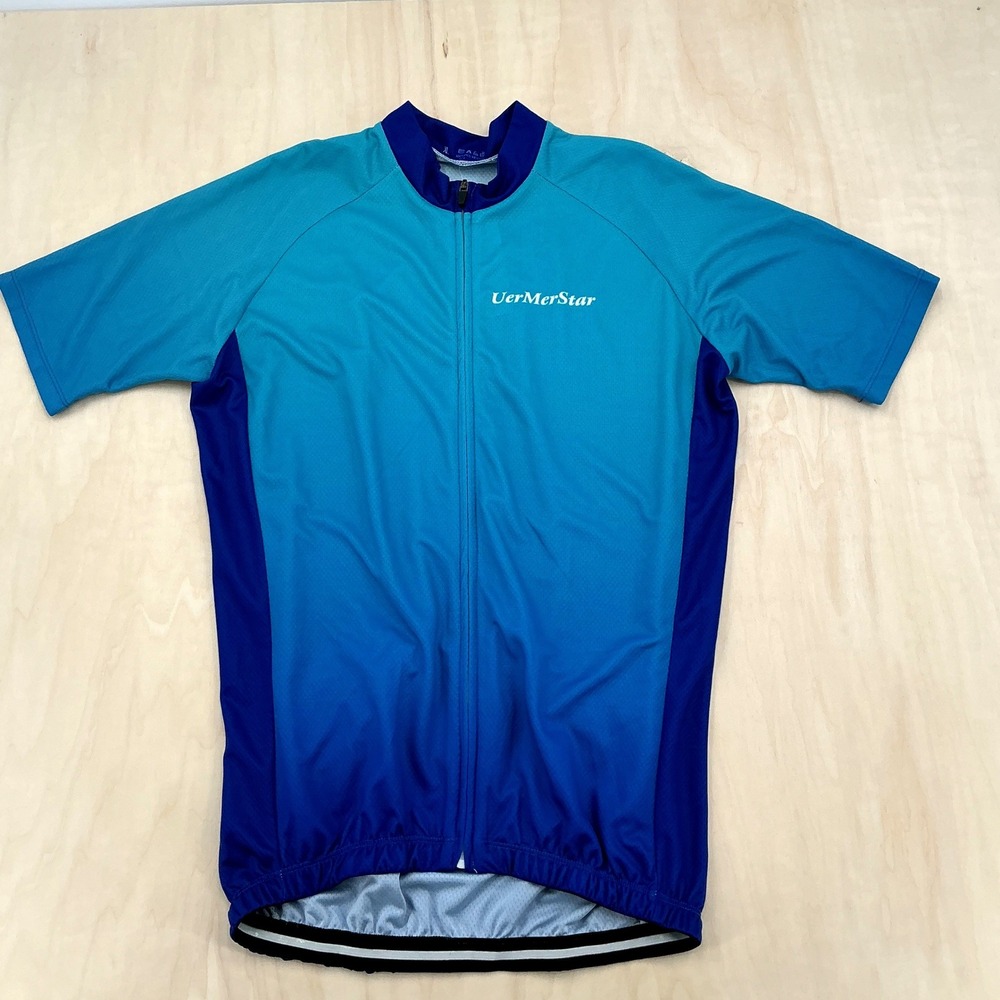 UerMerStar Cycling Jersey Men XL Blue Gradient Coolmax Full Zip Short Sleeve MTB